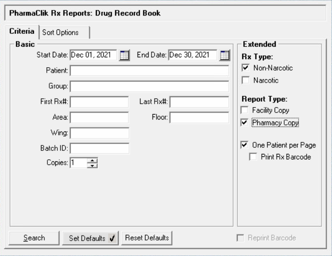 Drug Record Book Criteria tab