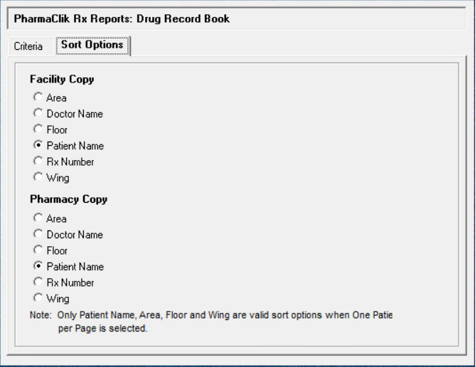 Drug Record Book sort options